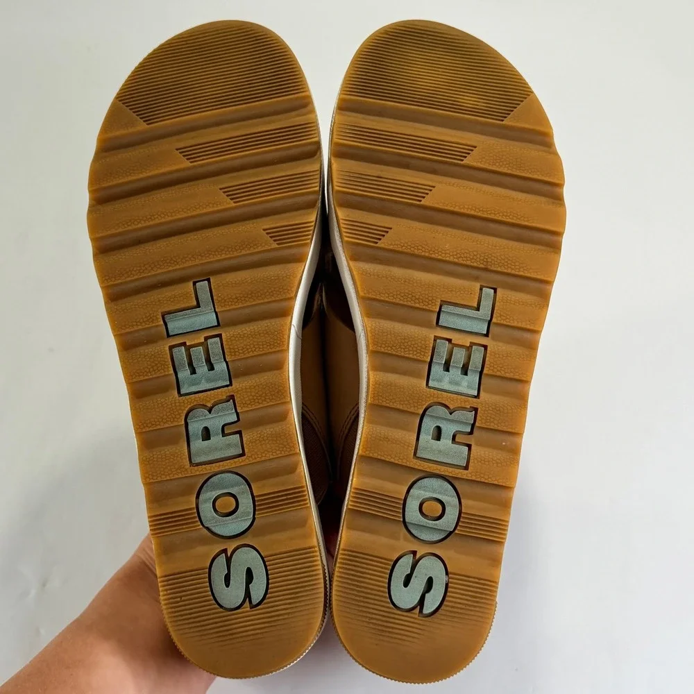Sorel Cameron Flatform Sandal Womens 8.5 Tan Beige Leather Crisscross Boho Slide
